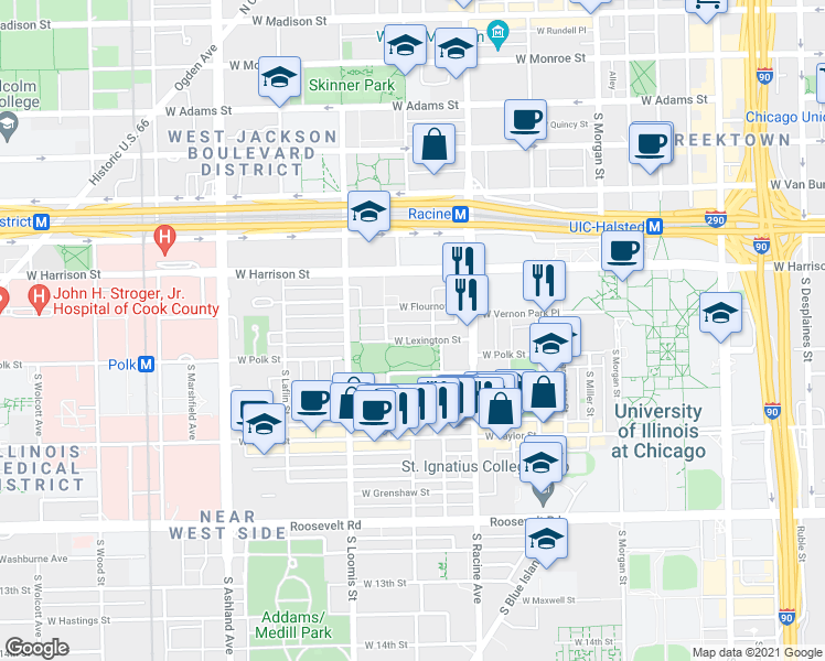 map of restaurants, bars, coffee shops, grocery stores, and more near 1246 West Lexington Street in Chicago