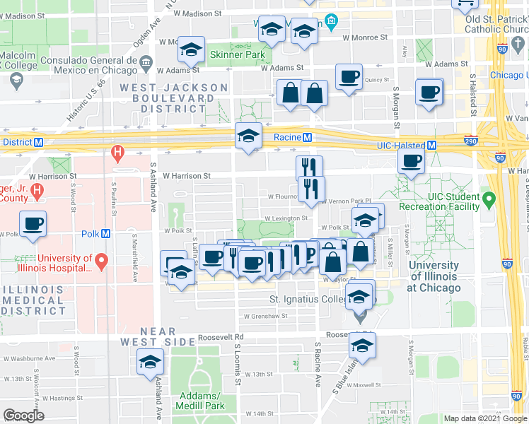 map of restaurants, bars, coffee shops, grocery stores, and more near 1282 West Lexington Street in Chicago