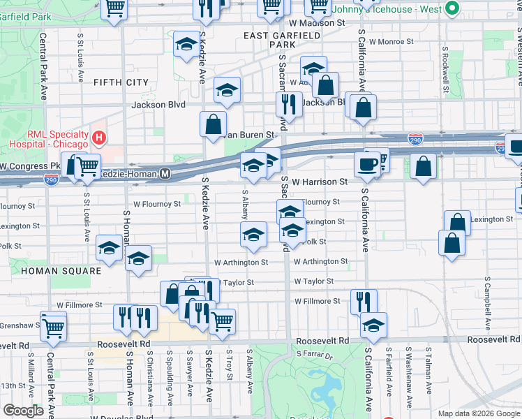 map of restaurants, bars, coffee shops, grocery stores, and more near 3027 West Flournoy Street in Chicago