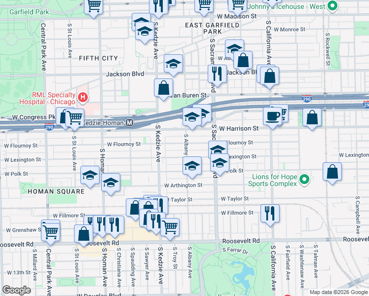 map of restaurants, bars, coffee shops, grocery stores, and more near 3101 West Flournoy Street in Chicago