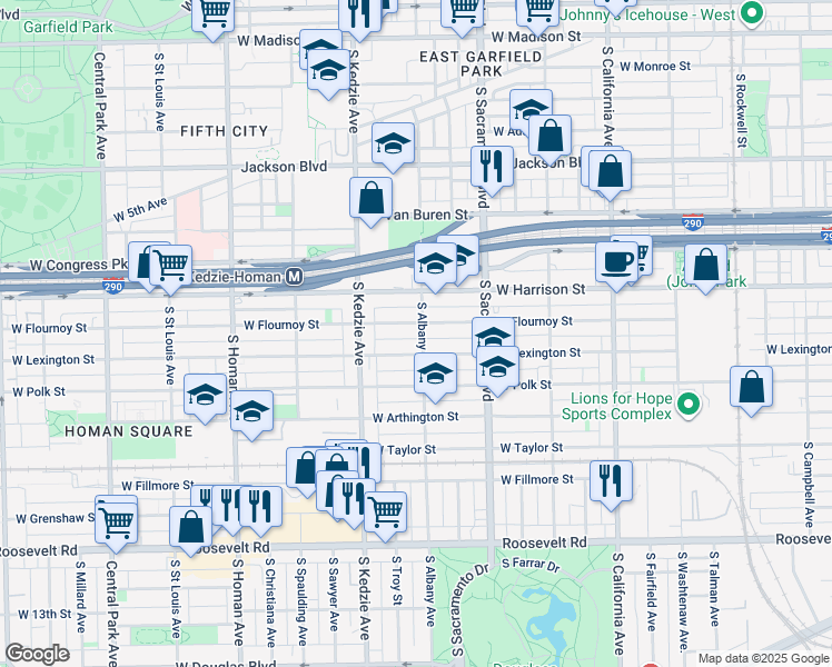 map of restaurants, bars, coffee shops, grocery stores, and more near 3101 West Flournoy Street in Chicago