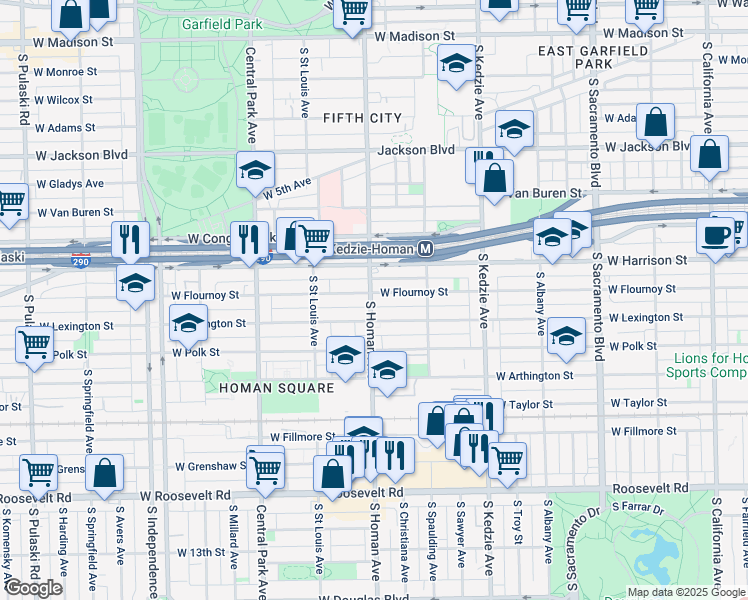 map of restaurants, bars, coffee shops, grocery stores, and more near 3405 West Flournoy Street in Chicago