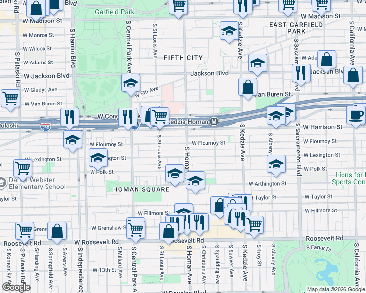 map of restaurants, bars, coffee shops, grocery stores, and more near 3405 West Flournoy Street in Chicago