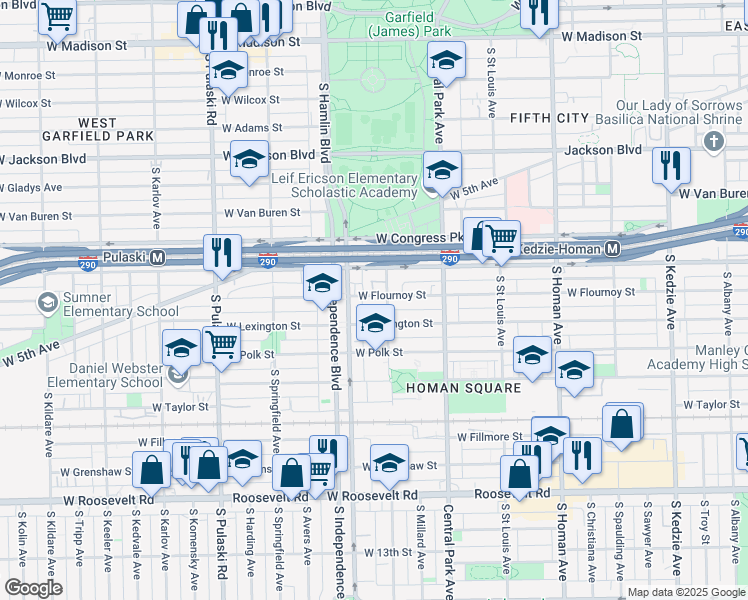 map of restaurants, bars, coffee shops, grocery stores, and more near 3711 West Flournoy Street in Chicago