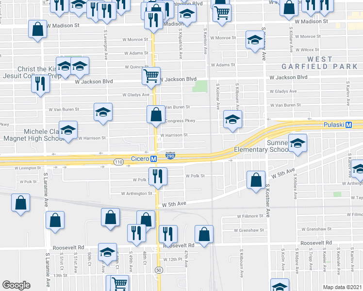 map of restaurants, bars, coffee shops, grocery stores, and more near 616 South Kilpatrick Avenue in Chicago