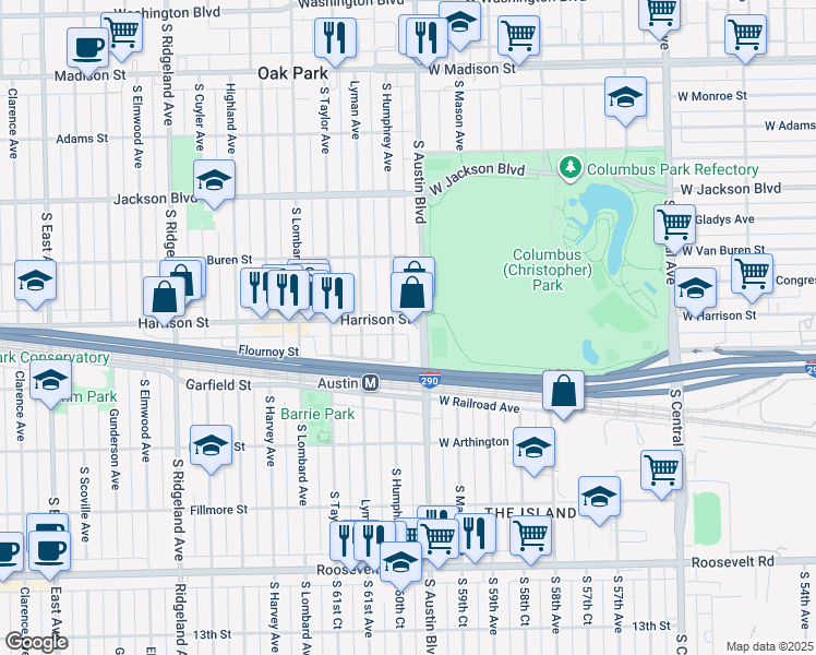 map of restaurants, bars, coffee shops, grocery stores, and more near 908 South Humphrey Avenue in Oak Park