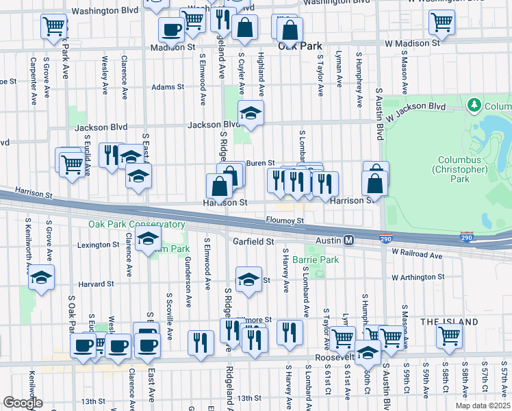map of restaurants, bars, coffee shops, grocery stores, and more near 327 Harrison Street in Oak Park