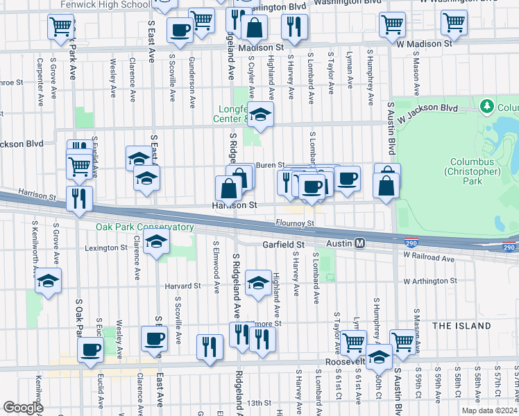 map of restaurants, bars, coffee shops, grocery stores, and more near 327 Harrison Street in Oak Park