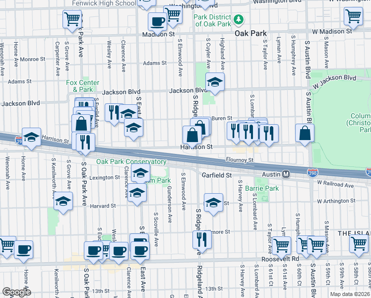 map of restaurants, bars, coffee shops, grocery stores, and more near 401 Harrison Street in Oak Park