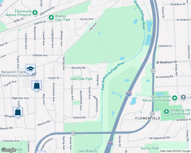 map of restaurants, bars, coffee shops, grocery stores, and more near 354 Indian Drive in Glen Ellyn
