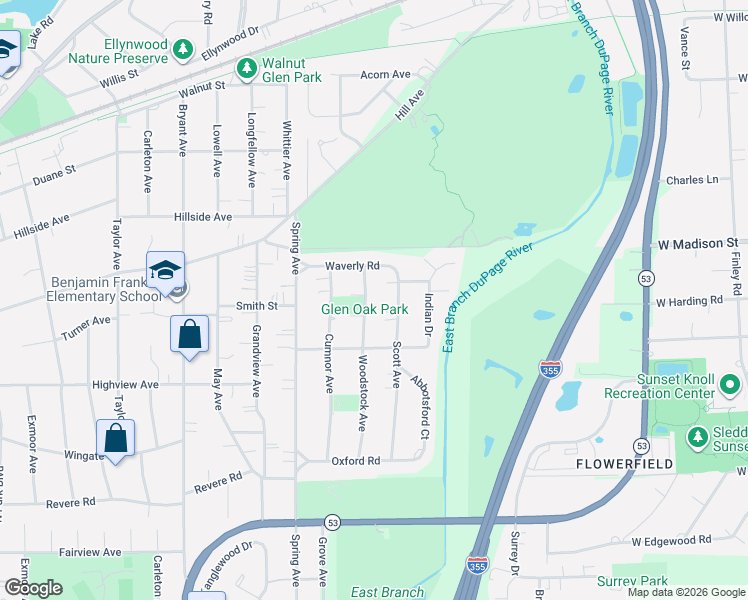 map of restaurants, bars, coffee shops, grocery stores, and more near 354 Scott Avenue in Glen Ellyn