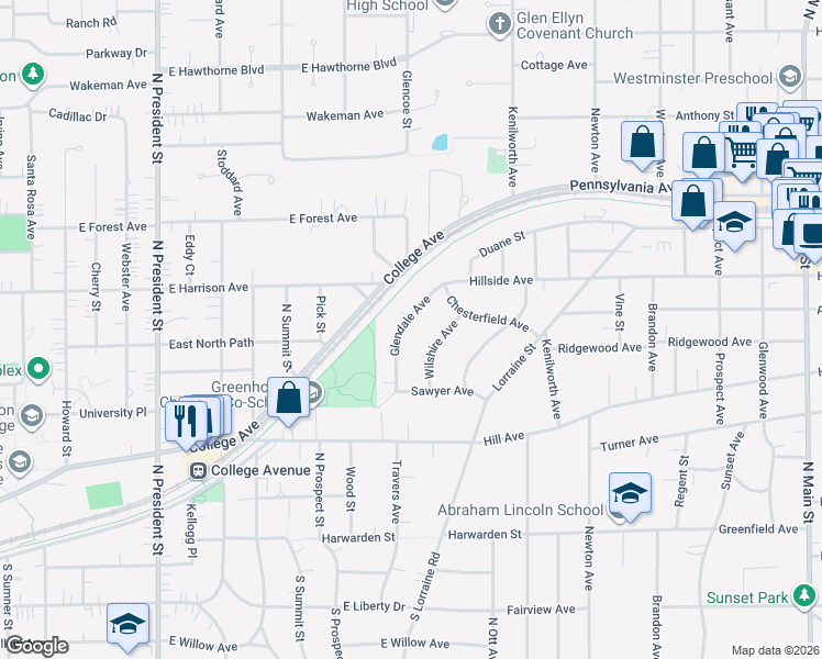 map of restaurants, bars, coffee shops, grocery stores, and more near 570 Wilshire Avenue in Glen Ellyn