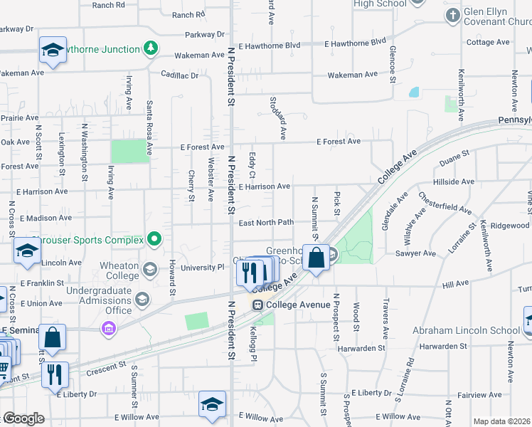 map of restaurants, bars, coffee shops, grocery stores, and more near 1103 East North Path in Wheaton