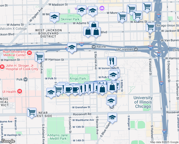 map of restaurants, bars, coffee shops, grocery stores, and more near 1224 West Lexington Street in Chicago