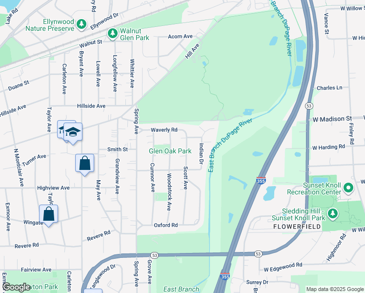 map of restaurants, bars, coffee shops, grocery stores, and more near 354 Scott Avenue in Glen Ellyn
