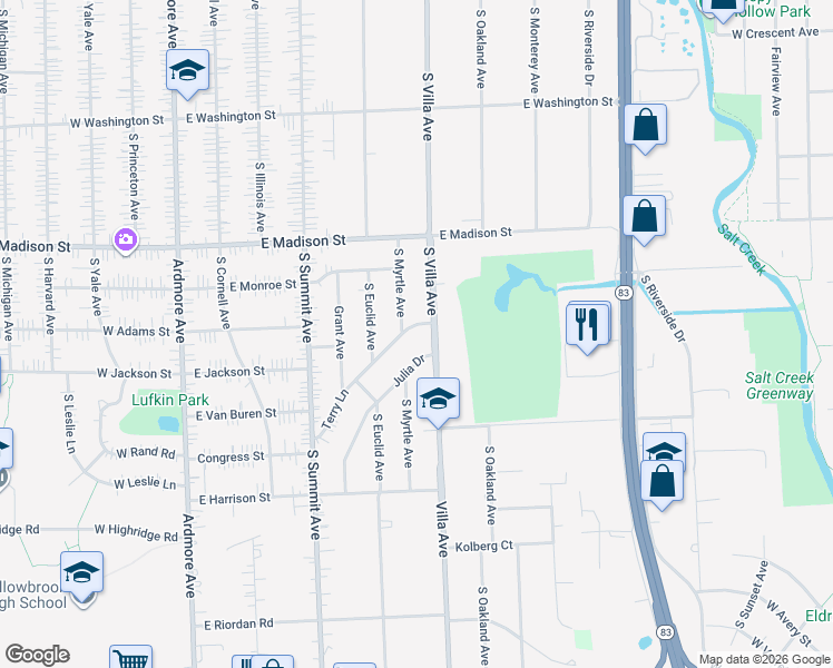 map of restaurants, bars, coffee shops, grocery stores, and more near 305 Terry Lane in Villa Park