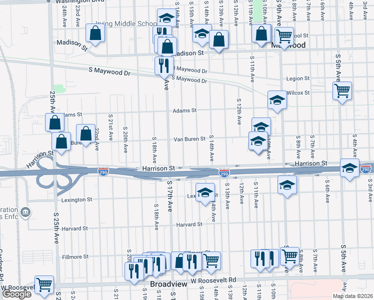 map of restaurants, bars, coffee shops, grocery stores, and more near 1617 South 16th Avenue in Maywood