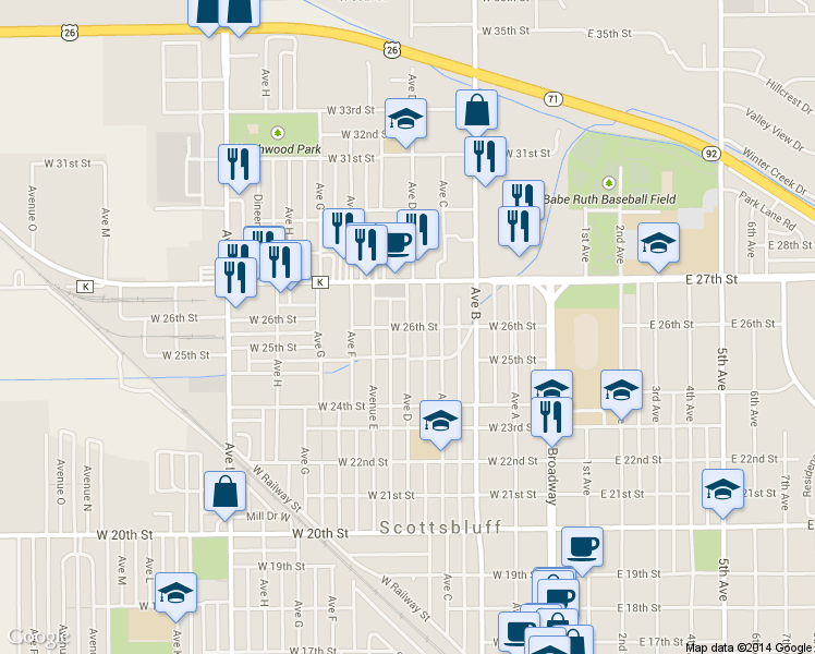 map of restaurants, bars, coffee shops, grocery stores, and more near 399 West 26th Street in Scottsbluff