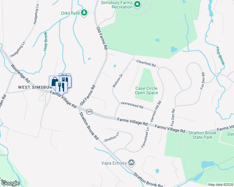 map of restaurants, bars, coffee shops, grocery stores, and more near 8 Watson Drive in Simsbury