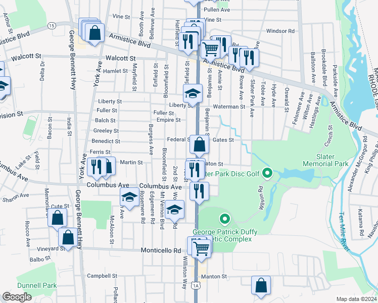 map of restaurants, bars, coffee shops, grocery stores, and more near 120 1st Street in Pawtucket