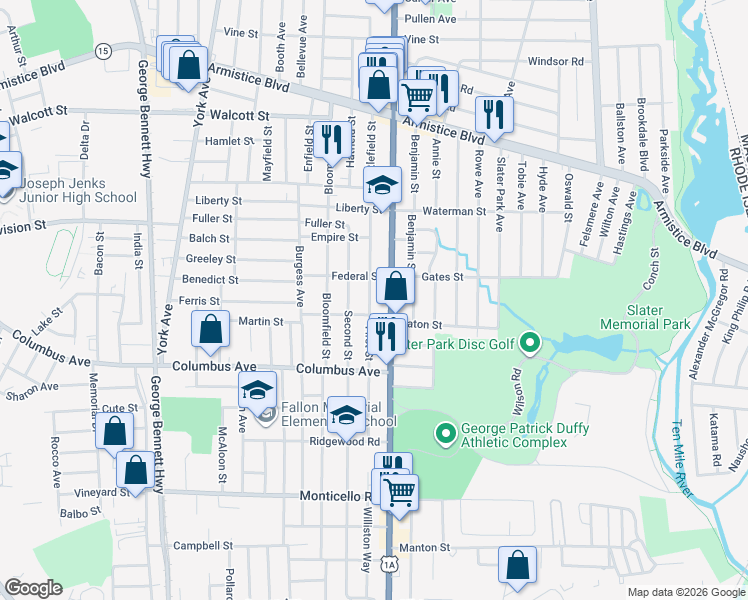 map of restaurants, bars, coffee shops, grocery stores, and more near 120 First Street in Pawtucket