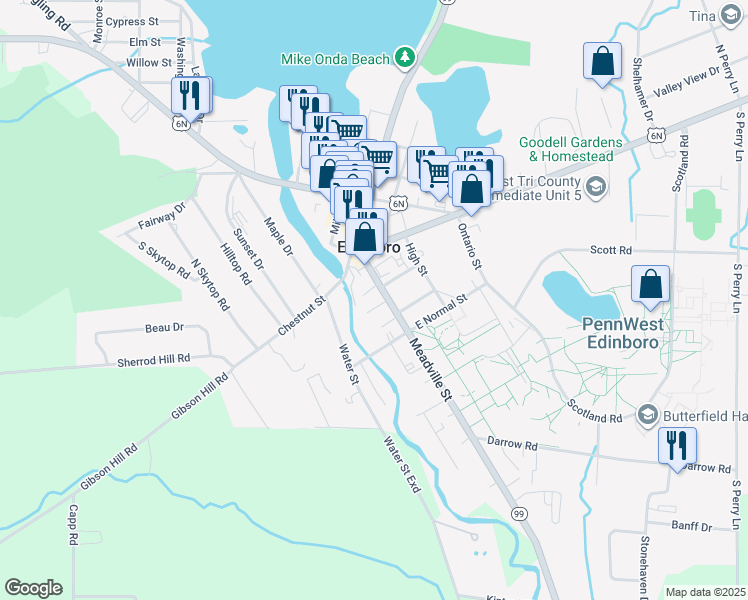 map of restaurants, bars, coffee shops, grocery stores, and more near 130 Meadville Street in Edinboro