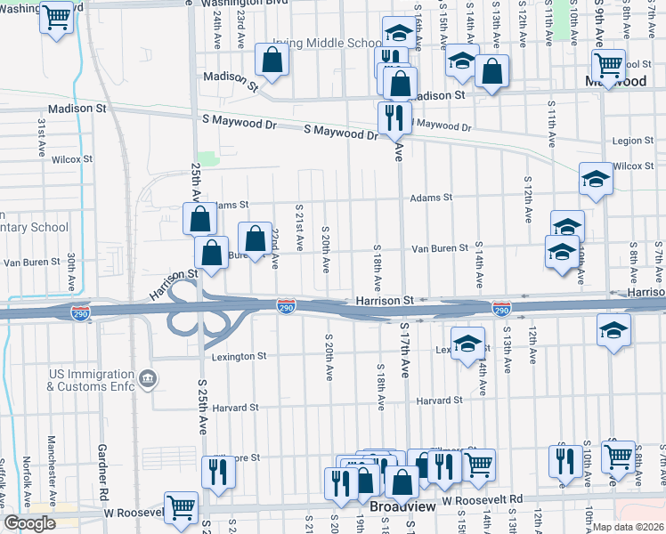 map of restaurants, bars, coffee shops, grocery stores, and more near 1615 South 20th Avenue in Maywood