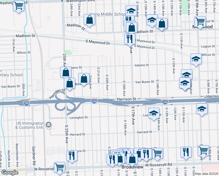 map of restaurants, bars, coffee shops, grocery stores, and more near 1615 South 20th Avenue in Maywood