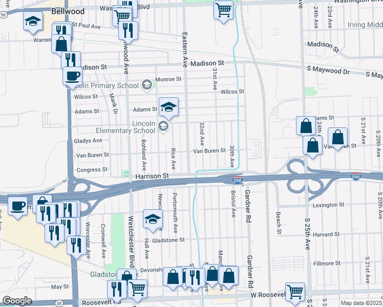 map of restaurants, bars, coffee shops, grocery stores, and more near 1101 Eastern Avenue in Bellwood