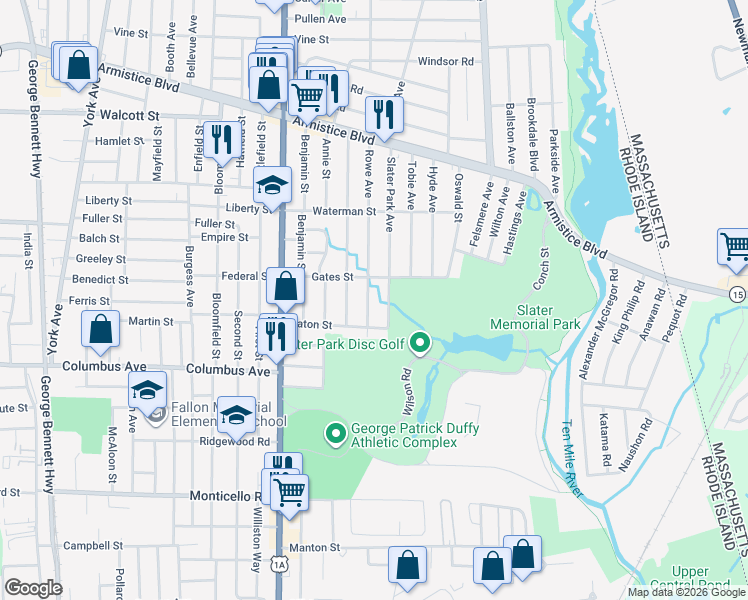 map of restaurants, bars, coffee shops, grocery stores, and more near 222 Rowe Avenue in Pawtucket