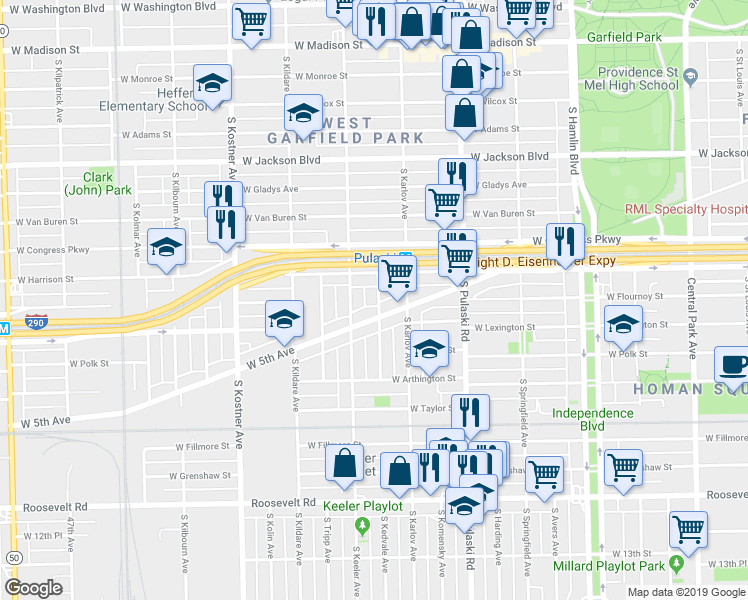 map of restaurants, bars, coffee shops, grocery stores, and more near 628 South Kedvale Avenue in Chicago