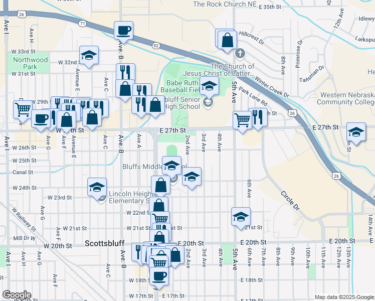 map of restaurants, bars, coffee shops, grocery stores, and more near 2600 2nd Avenue in Scottsbluff