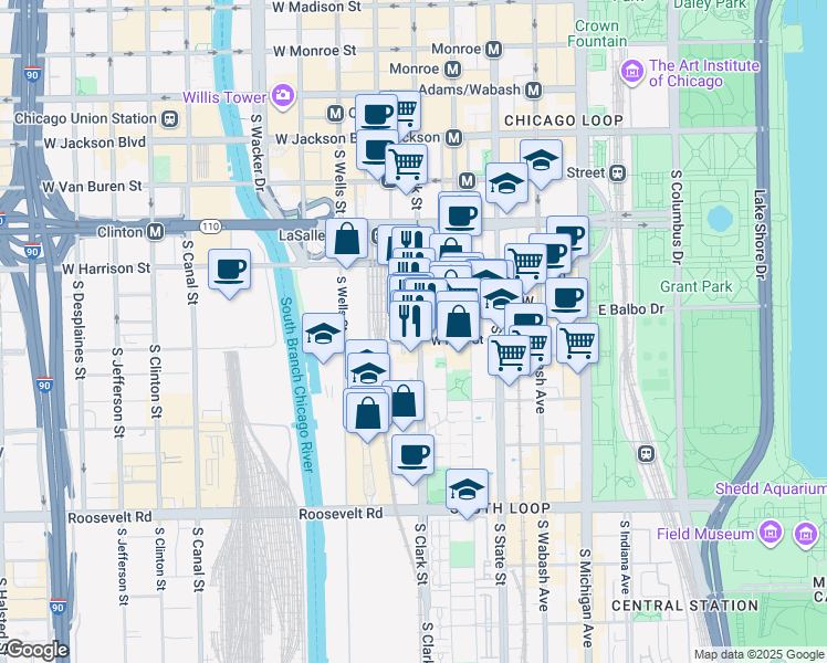 map of restaurants, bars, coffee shops, grocery stores, and more near 730 South Clark Street in Chicago