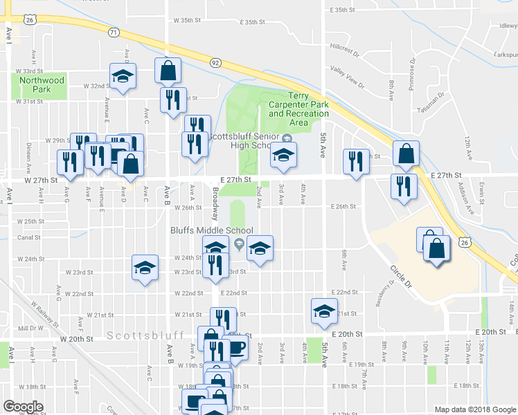 map of restaurants, bars, coffee shops, grocery stores, and more near 2600 2nd Avenue in Scottsbluff