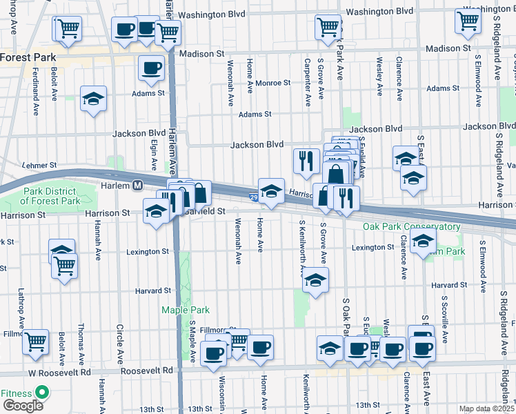 map of restaurants, bars, coffee shops, grocery stores, and more near 980 Garfield Street in Oak Park