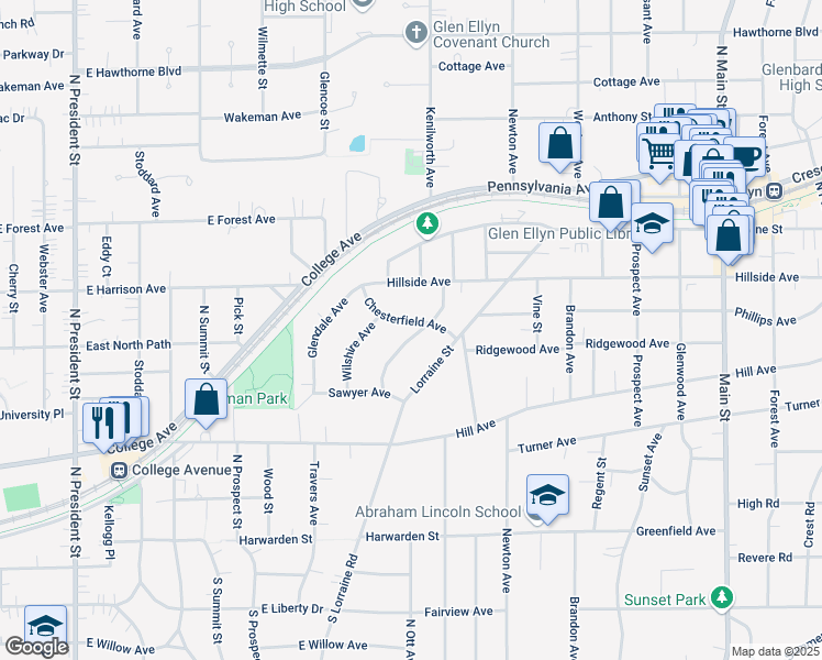 map of restaurants, bars, coffee shops, grocery stores, and more near 366 Windsor Avenue in Glen Ellyn