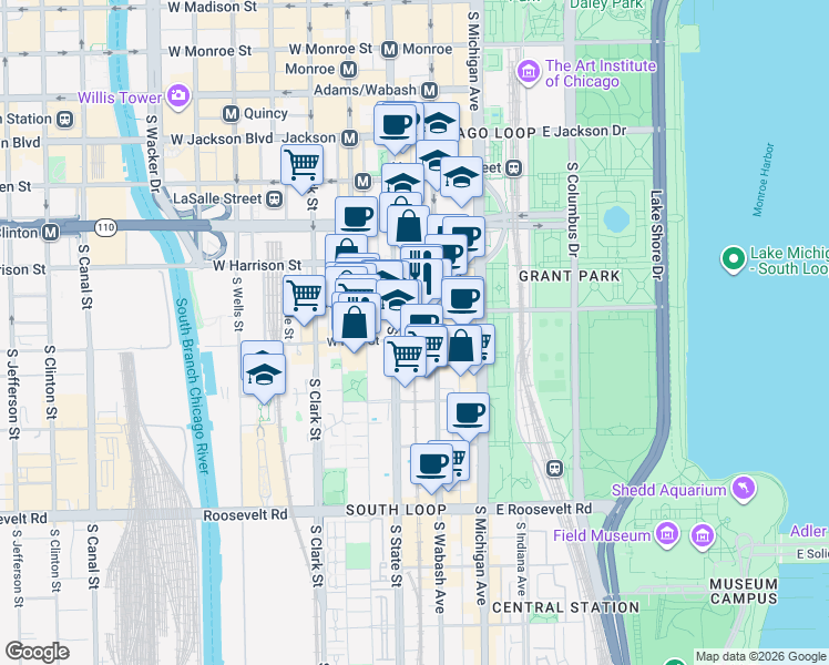 map of restaurants, bars, coffee shops, grocery stores, and more near 735 South State Street in Chicago
