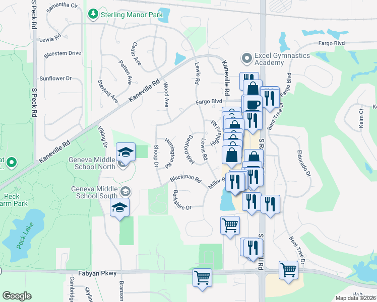 map of restaurants, bars, coffee shops, grocery stores, and more near 2665 Danford Way in Geneva