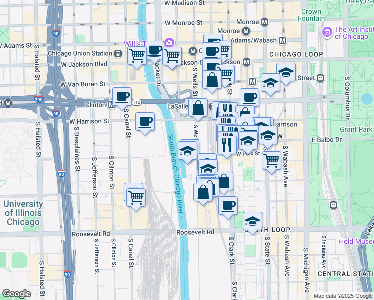 map of restaurants, bars, coffee shops, grocery stores, and more near 704 South Wells Street in Chicago