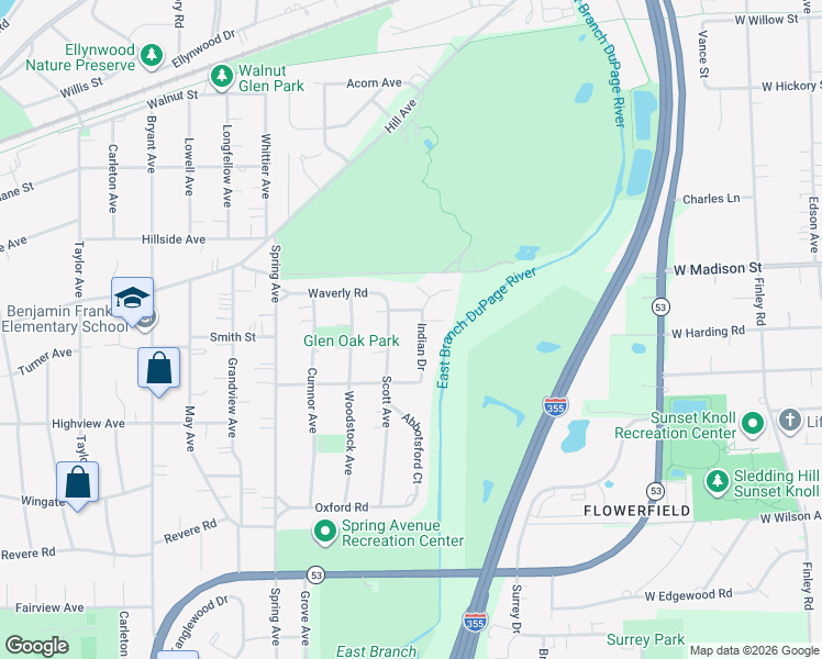 map of restaurants, bars, coffee shops, grocery stores, and more near 354 Indian Drive in Glen Ellyn