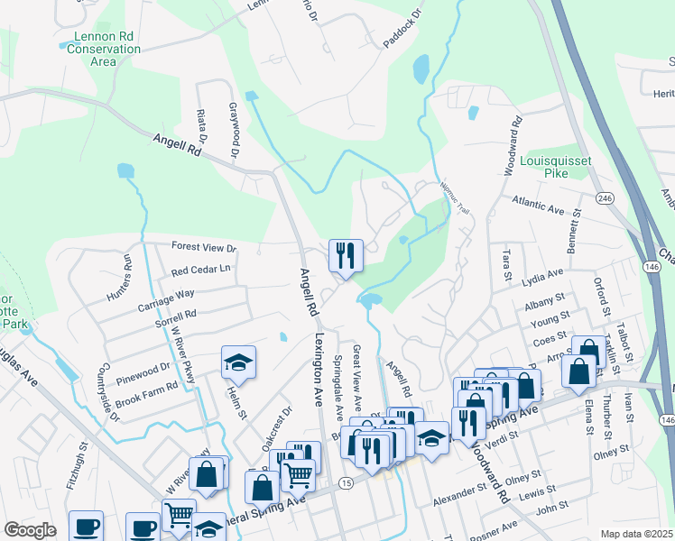 map of restaurants, bars, coffee shops, grocery stores, and more near 2D Overlook Circle in North Providence