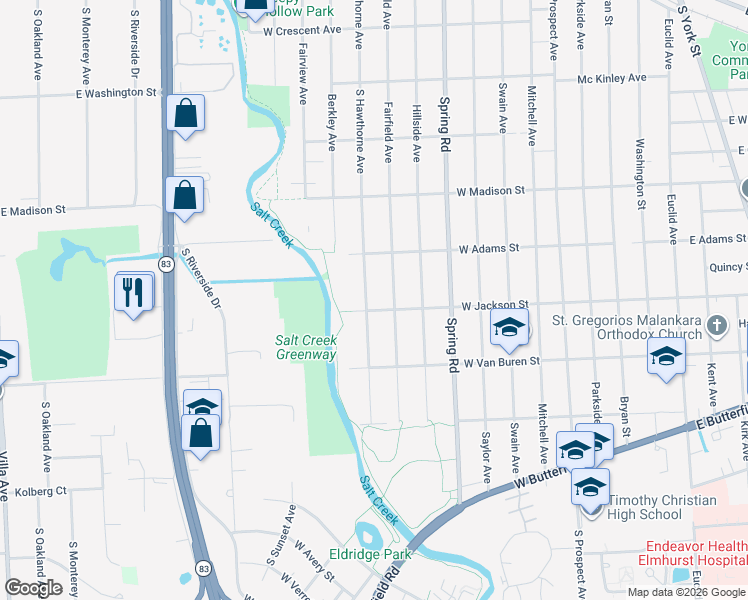 map of restaurants, bars, coffee shops, grocery stores, and more near 873 South Hawthorne Avenue in Elmhurst