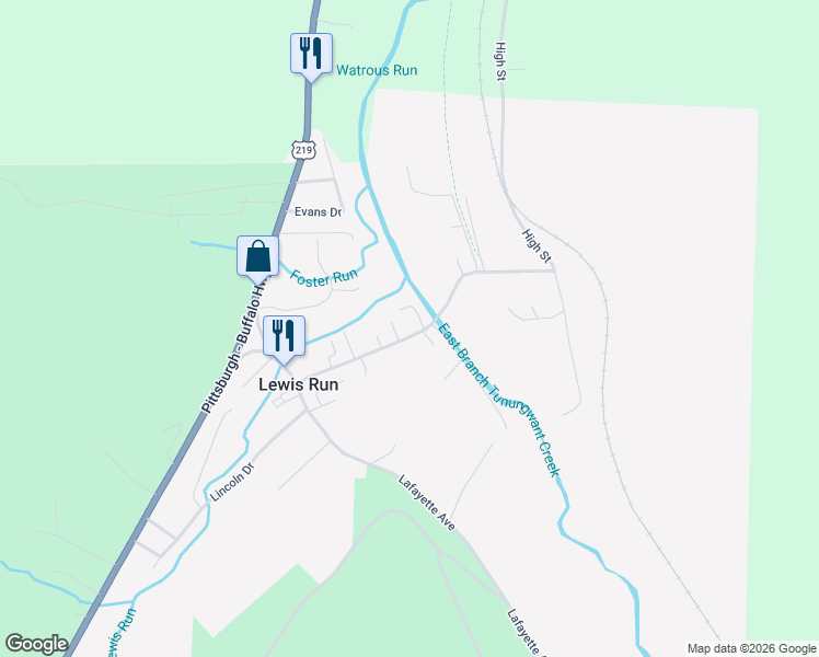 map of restaurants, bars, coffee shops, grocery stores, and more near 30-34 Main Street in Lewis Run