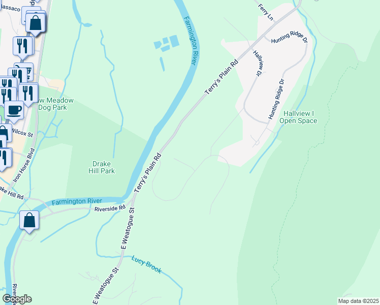 map of restaurants, bars, coffee shops, grocery stores, and more near 16 Pinnacle Mountain Road in Simsbury