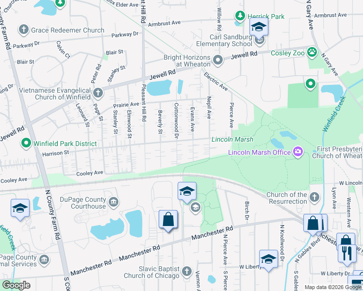 map of restaurants, bars, coffee shops, grocery stores, and more near S9 Cottonwood Drive in Wheaton