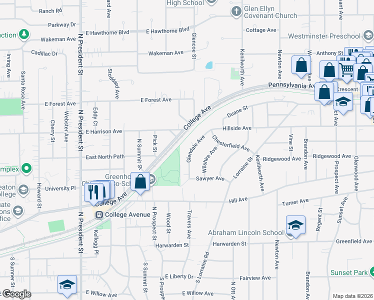 map of restaurants, bars, coffee shops, grocery stores, and more near 564 Glendale Avenue in Glen Ellyn