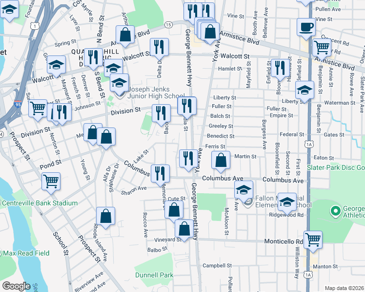map of restaurants, bars, coffee shops, grocery stores, and more near 30 India Street in Pawtucket