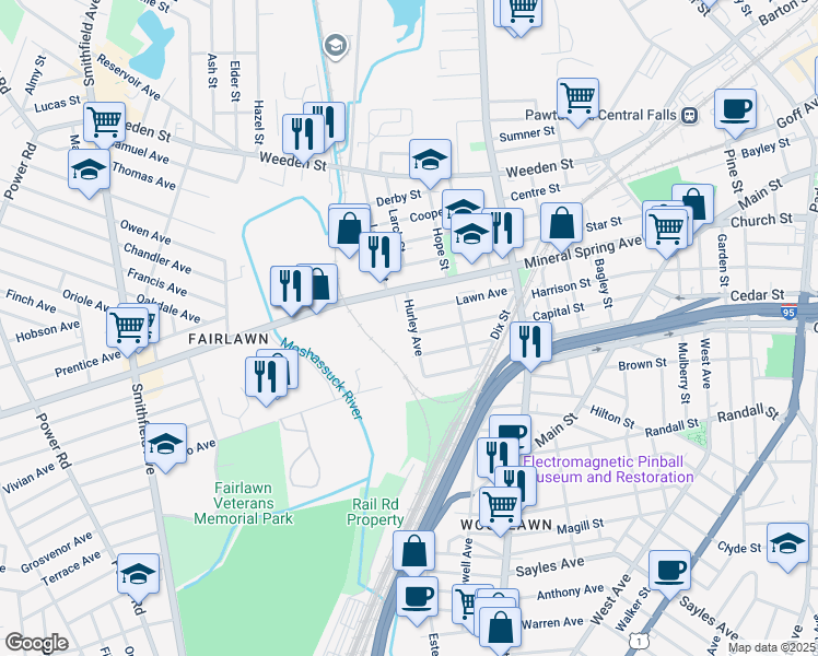 map of restaurants, bars, coffee shops, grocery stores, and more near 19 Hurley Ave in Pawtucket