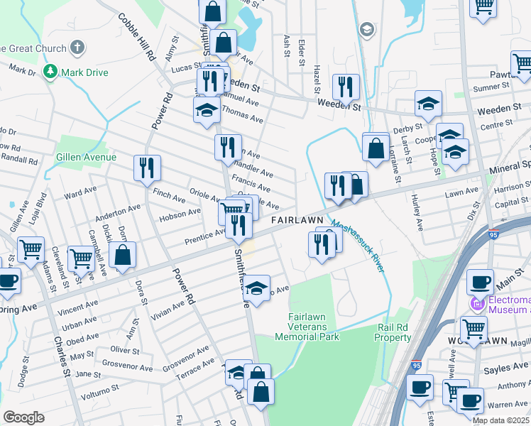 map of restaurants, bars, coffee shops, grocery stores, and more near 61 Fairview Avenue in Pawtucket
