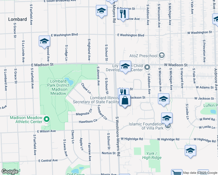 map of restaurants, bars, coffee shops, grocery stores, and more near 709 South School Street in Lombard